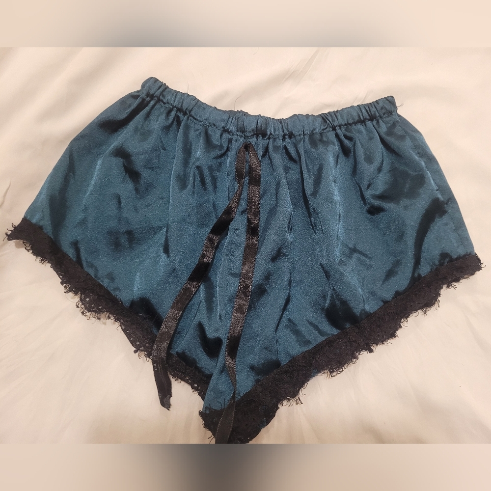 Elegant Teal Satin Sleep Shorts with Black Lace Trim